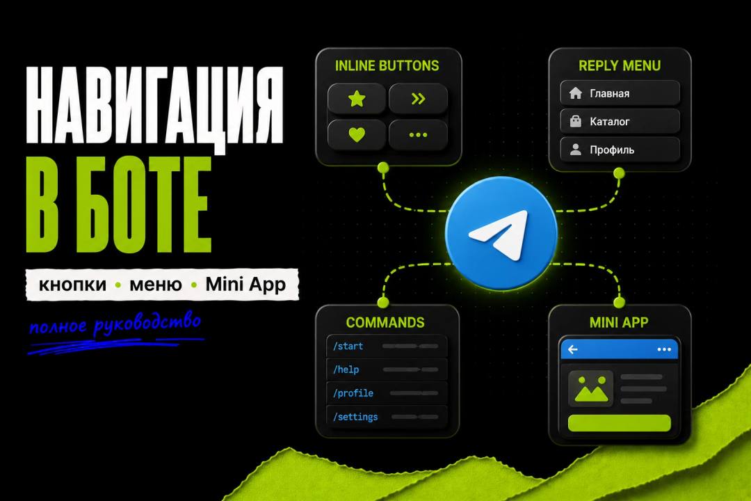 Как сделать навигацию в Telegram-боте: inline-кнопки, reply-меню, команды и Mini App — полное руководство - обложка