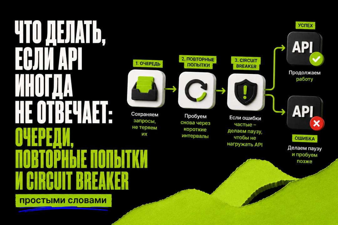 Что делать, если API иногда не отвечает: очереди, повторные попытки и circuit breaker простыми словами - обложка